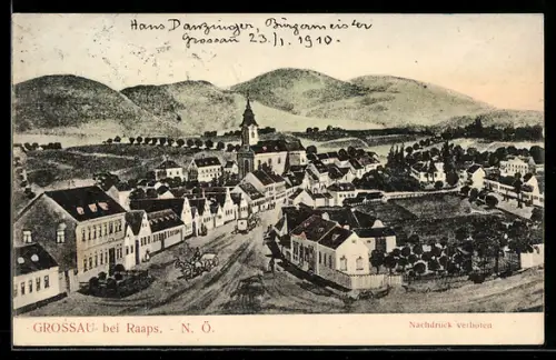 Künstler-AK Grossau bei Raaps, Strassenpartie mit Kirche