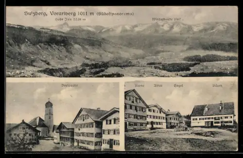 AK Sulzberg, Gasthäuser Krone, Adler, Engel und Bären, Südostpanorama mit Hohe Ifen und Winterstaude, Dorfpartie