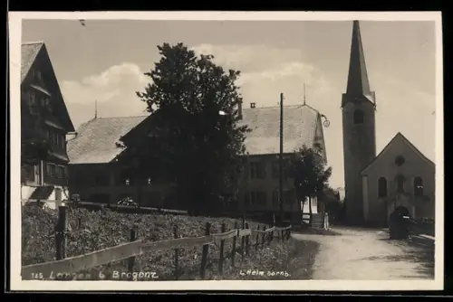 AK Langen b. Bregenz, Gasthof und Kirche mit Strassenpartie