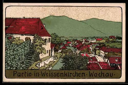 Künstler-AK Weissenkirchen, Teilansicht des Ortes