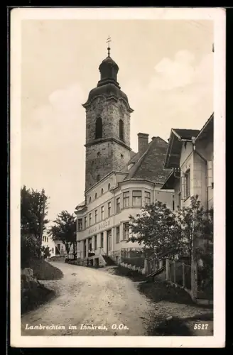 AK Lambrechten im Innkreis, Geschäft von Hans Desch und Kirche