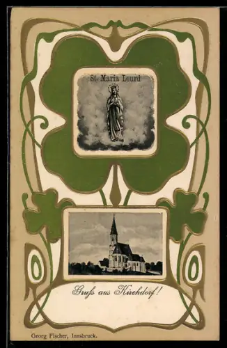 AK Kirchdorf, Ansicht der Kirche, Mariendarstellung, Jugendstil-Ornamentik