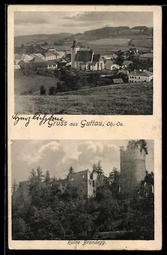 AK Gutau /O. Ö., Ruine Brandegg und Ortsansicht