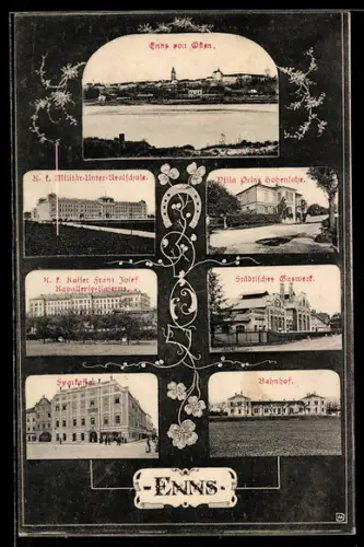 AK Enns, Städtisches Gaswerk, Sparkasse, Villa Prinz Hohenlohe