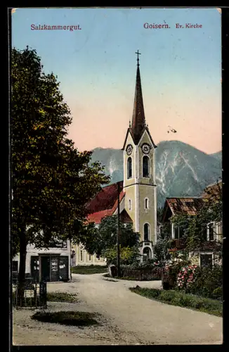 AK Goisern, Ev. Kirche mit blühenden Büschen