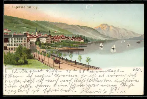 Lithographie Zugersee /Rigi, Berg mit Gesicht / Berggesichter