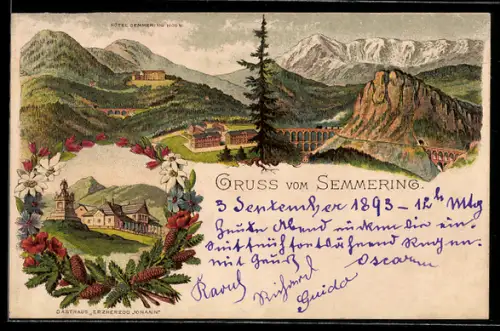 Vorläufer-Lithographie Semmering, 1893, Teilansicht mit Hotel Semmering und Eisenbahn-Viadukt