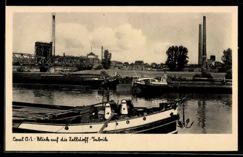 AK Cosel, Schleppkähne, Blick zur Zellstoff-Fabrik