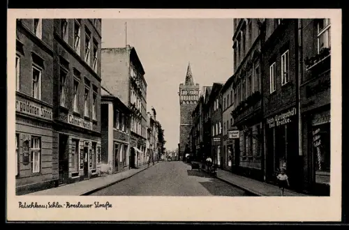 AK Patschkau, Breslauer Strasse, Gasthof Zur goldenen Sonne, Fleischerei Emil Bratke