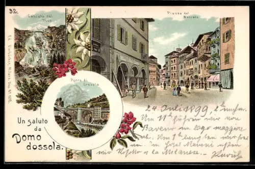 Lithographie Domodossola, Cascata del Toco, Piazza del Mercato