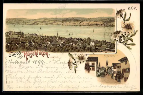 Lithographie Rüschlikon, Dorfstrasse mit Kirche, Ortsansicht mit Fluss und Fernblick