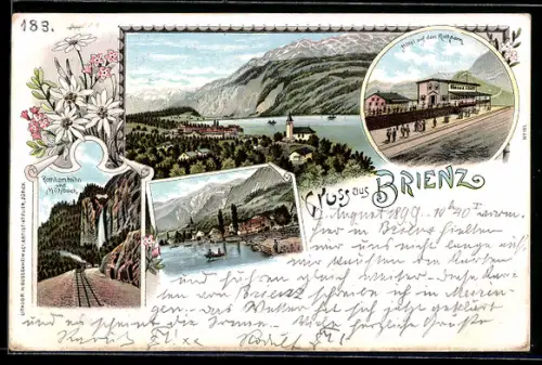 Lithographie Brienz, Hotel auf dem Rothorn, Mühlbach und Rothornbahn, Gesamtansicht