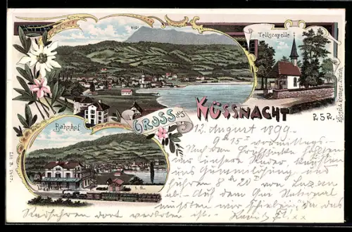 Lithographie Küssnacht, Bahnhof mit einfahrendem Zug, Tellskapelle