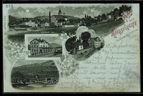 Mondschein-Lithographie Küssnacht am Vierwaldstättersee, Bahnhof, Tells Kapelle an der hohlen Gasse