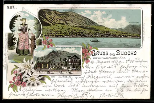 Lithographie Buochs am Vierwaldstätter See, Hotel Kreuzgarten, Dame in Tracht, See blick mit Stanserhorn