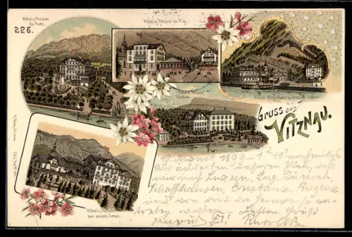 Lithographie Vitznau, Hotel Pension du Rigi, Hotel Pension zum weissen Kreuz, Hotel Pension du Parc