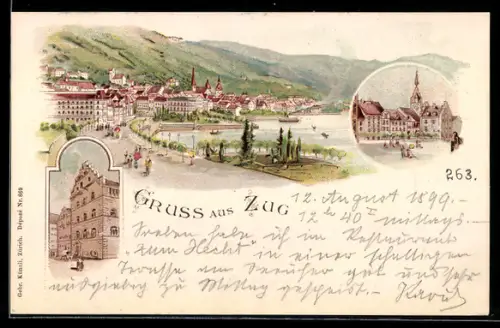 Lithographie Zug, Platzansicht mit Kirche, Promenade am Wasser