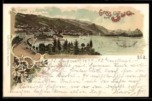 Lithographie Zug, Gesamtansicht am Wasser
