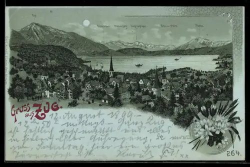 Mondschein-Lithographie Zug, Ortsansicht mit Seeblick, Stanserhorn, Pilatus