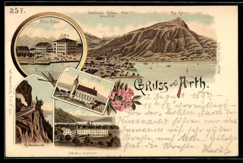 Lithographie Arth, Hotel Adler, Fabrik und Zugersee, Kräbelwand mit Bahn