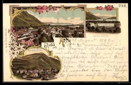 Lithographie Arth, Fbarik und Zugersee, Ober-Arth mit Rigi