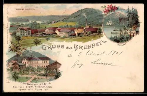 Lithographie Brennet i. B., Totalansicht, Bergsee, Gasthaus zum Kreuz