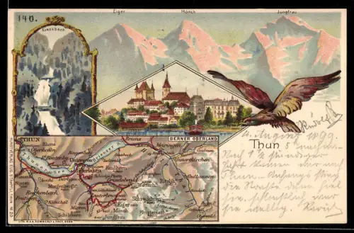 Lithographie Thun /Berner Oberland, Landkarte, Giessbach, Eiger, Mönch und Jungfrau