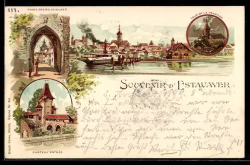 Lithographie Estavayer, Chateau Entrée, Tour de la Trahison