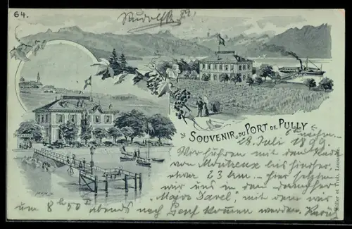 Lithographie Pully, Port de Pully, Dampfer an der Anlegestelle