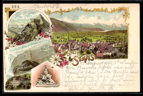 Lithographie Stans, Winkelried Denkmal, Hotel zur Bahn, Ortsansicht mit Kirche