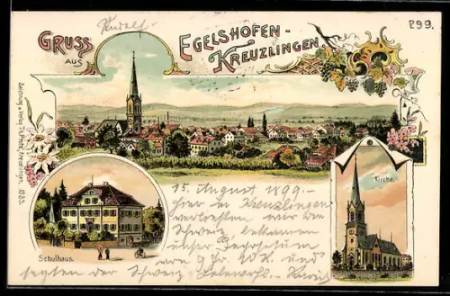 Lithographie Egelshofen-Kreuzlingen, Schulhaus, Kirche, Ortspanorama