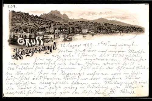 Lithographie Hergiswyl, Ortsansicht vom See aus