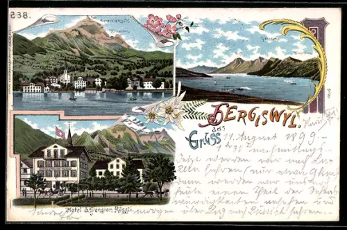 Lithographie Hergiswyl, Hotel & Pension Rössli, Panorama mit Bürgenstock