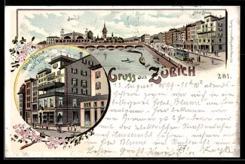 Lithographie Zürich, Hotel Blume, Bes. H. Koch, Bahnhof, Pferdebahn