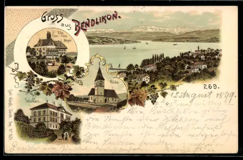 Lithographie Bendlikon, Villa Cour. Ferd. Meyer, Schulhaus, Kirche, Gesamtansicht