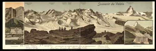 Klapp-Lithographie Zermatt, Riffelalp, Fionnay, Panorama mit Matterhorn, Lyskamm, Monte Rosa