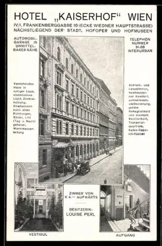 AK Wien, Hotel Kaiserhof in der Frankenberggasse 10 Ecke Wiedner Hauptstrasse, Vestibul und Aufgang