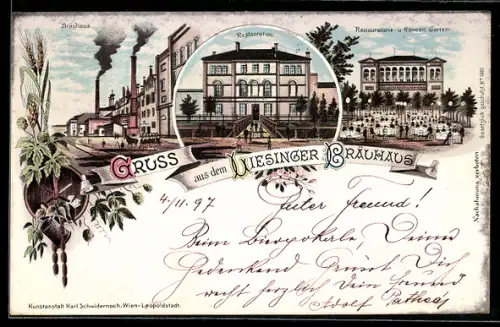 Lithographie Wien, Brauerei Liesing mit Brauhaus und Restaurant