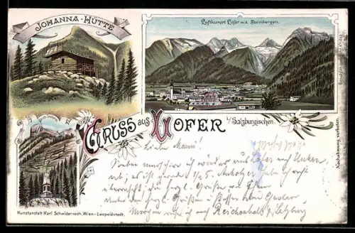 Lithographie Lofer, Johanna-Hütte, Strub-Denkmal, Ortsansicht mit den Steinbergen