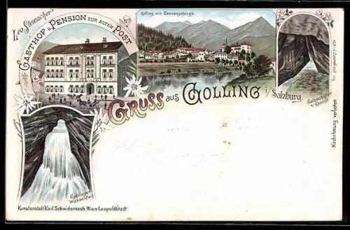 Lithographie Golling i. Salzburg, Totalansicht mit Tennengebirge, Gasthof zur Alten Post