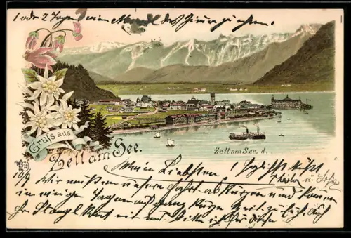 Lithographie Zell, See mit Alpen und Dampfschiff