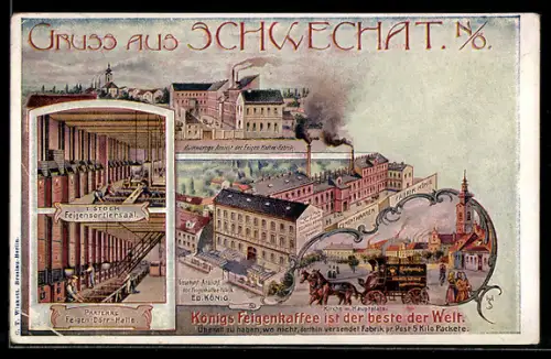 Lithographie Schwechat, Feigenkaffee-Fabrik aus der Vogelschau, Inh. Ed. König, Feigensortiersaal