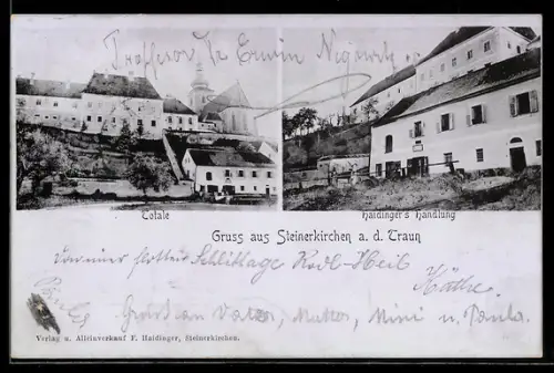 AK Steinerkirchen a. d. Traun, Geschäft von Haidinger und Totalansicht mit Kirche