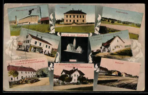 AK Sattledt, Totalansicht, Schule, Ziegelei und Bahnhof