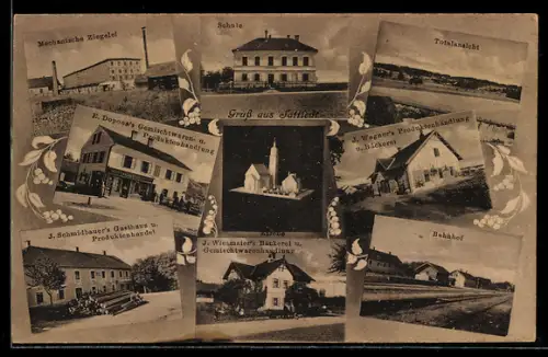 AK Sattledt, Bahnhof, Ziegelei, Schmidbauers Gasthaus, Geschäfte J. Wagner, J. Wiesmaier und E. Dopona, Kirchen-Modell