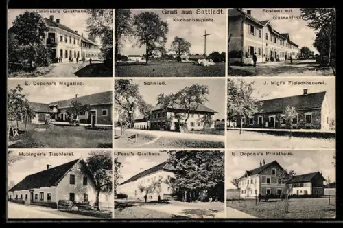 AK Sattledt, Schmied, Fleischhauerei J. Migl, Pessi`s Gasthaus und Linimeir`s Gasthaus
