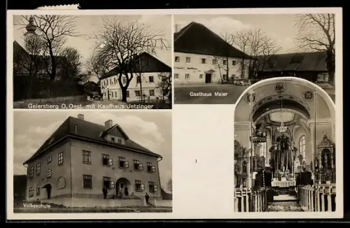AK Geiersberg /O.-Oest., Strassenpartie mit Kaufhaus Jetzinger, Gasthaus Maier, Kirche