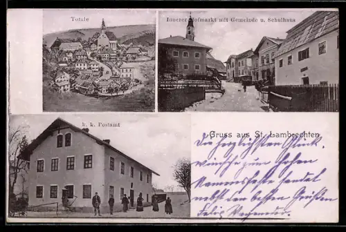 AK St. Lambrechten, Totalansicht mit Kirche, Innerer Hofmarkt mit Gemeinde- u. Schulhaus