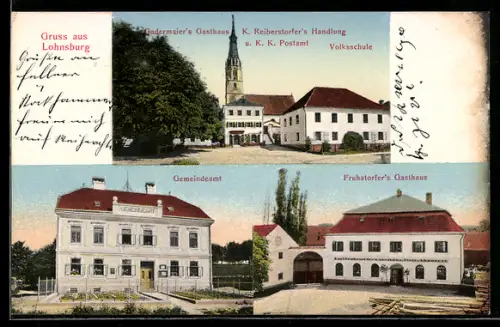 AK Lohnsburg, Fruhstorfers Gasthaus, Gadermaiers Gasthaus und Post