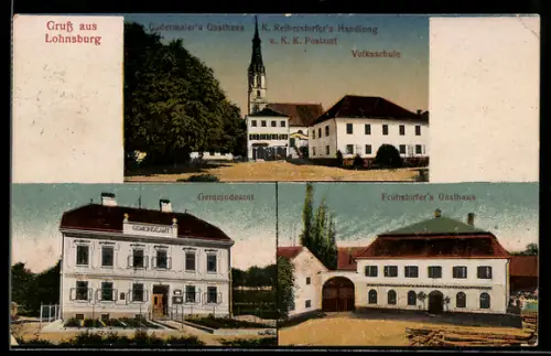 AK Lohnsburg, Fruhstorfers Gasthaus, Gadermaiers Gasthaus und Post